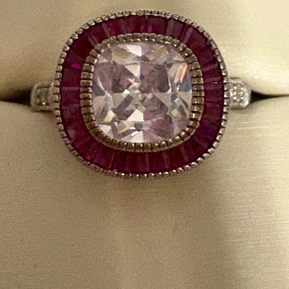 Rhodium Plated Sterling Art Deco Inspired Cushion Cut Faux Dia & Ruby Ring - Picture 3 of 7